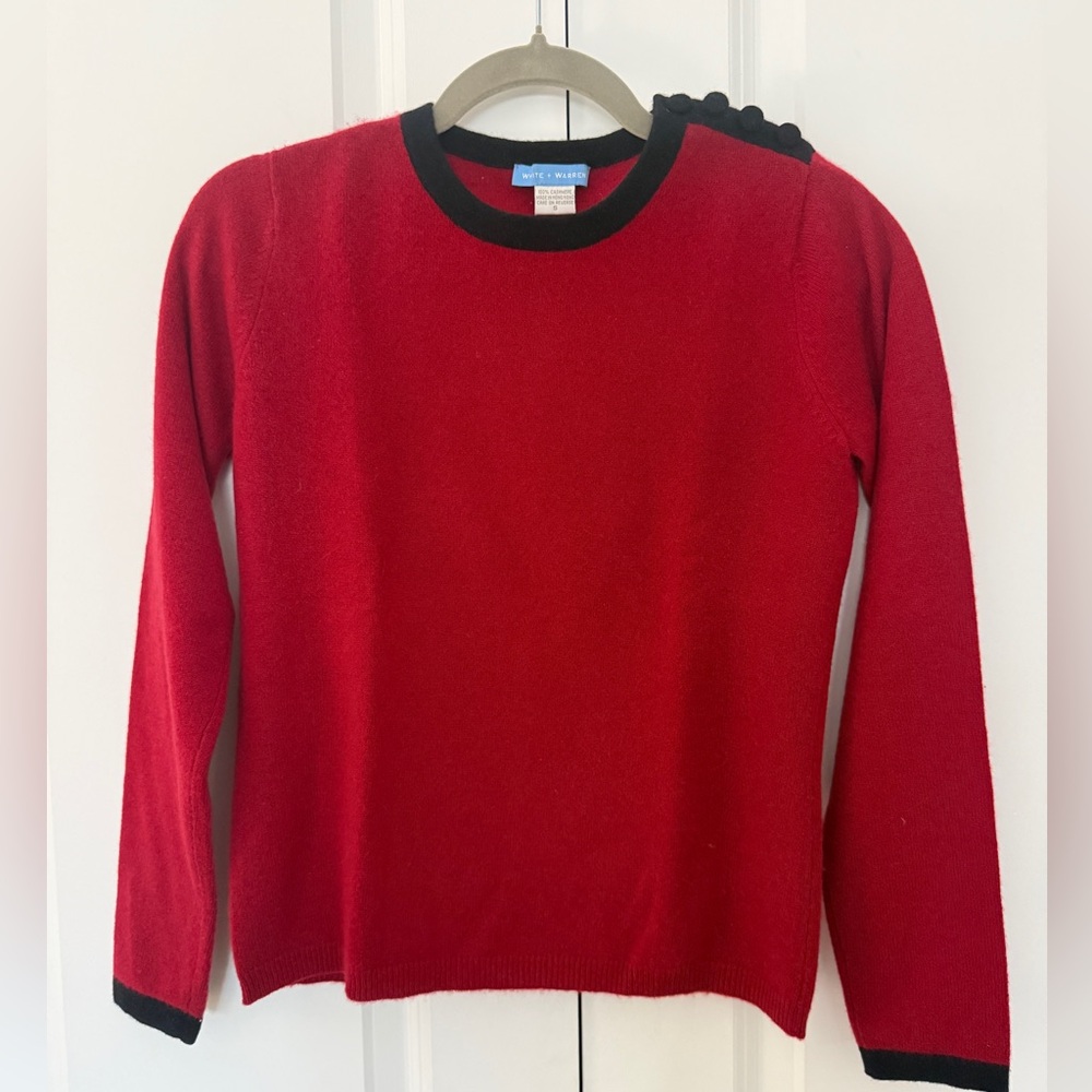 White + Warren Deep Red Cashmere Sweater Black Trim Button Shoulder Detail Sz S